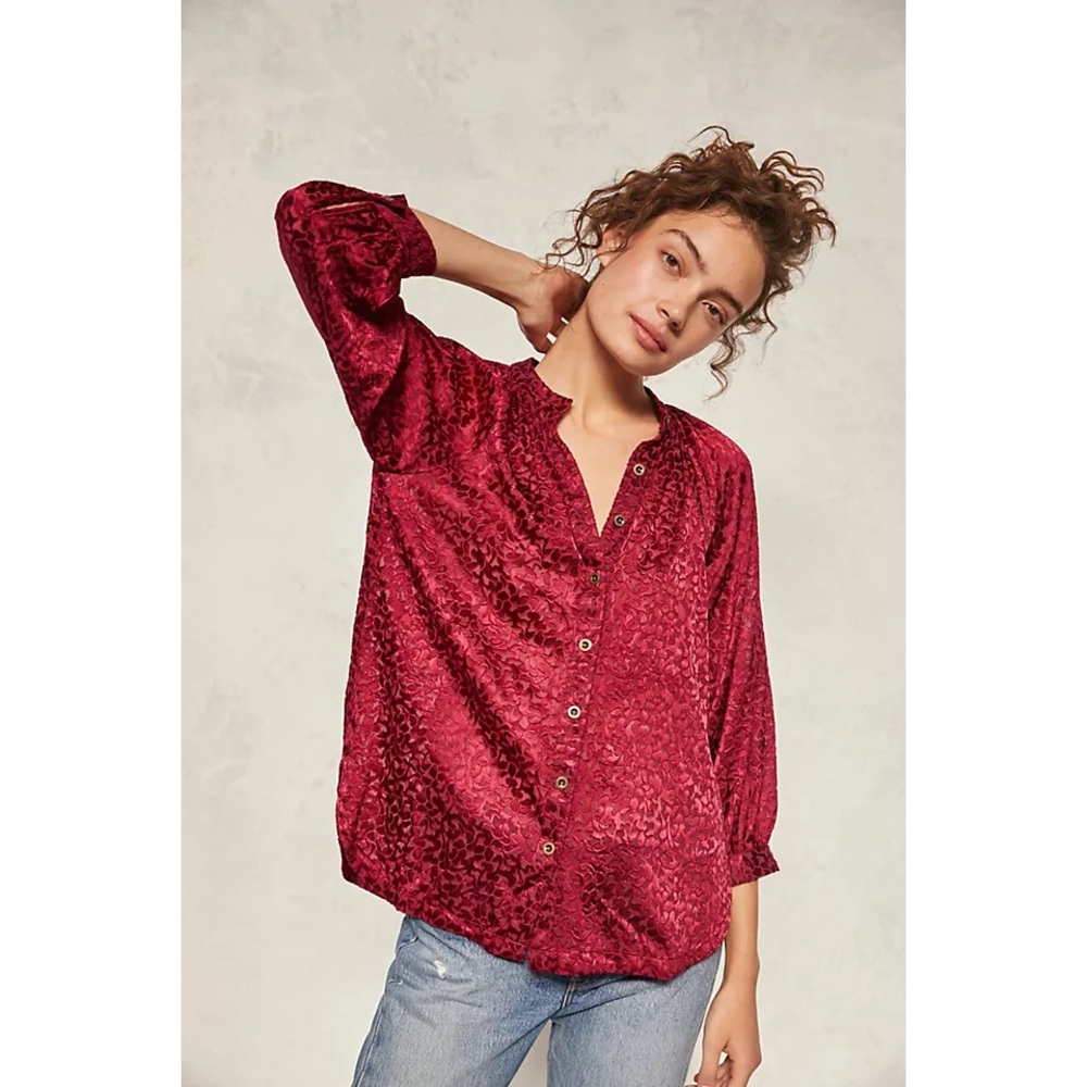Anthropologie Susanna Burnout Velvet Button Down Blouse